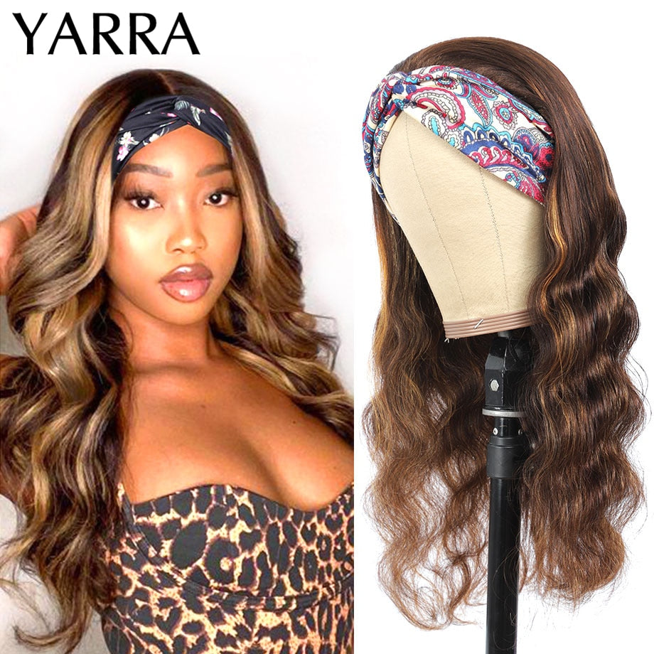 Headband Wig Human Hair Bone Body Wave Headband Wig Highlight Ombre 4/27 Blonde Brown