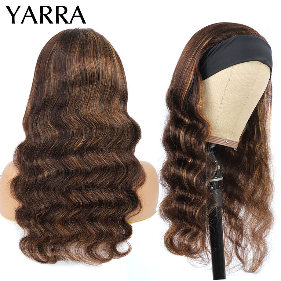 Headband Wig Human Hair Bone Body Wave Headband Wig Highlight Ombre 4/27 Blonde Brown