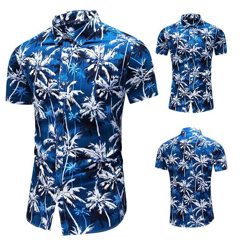 Fashion Flower Design Short Sleeve Casual Shirts Men's Hawaiian Blouse