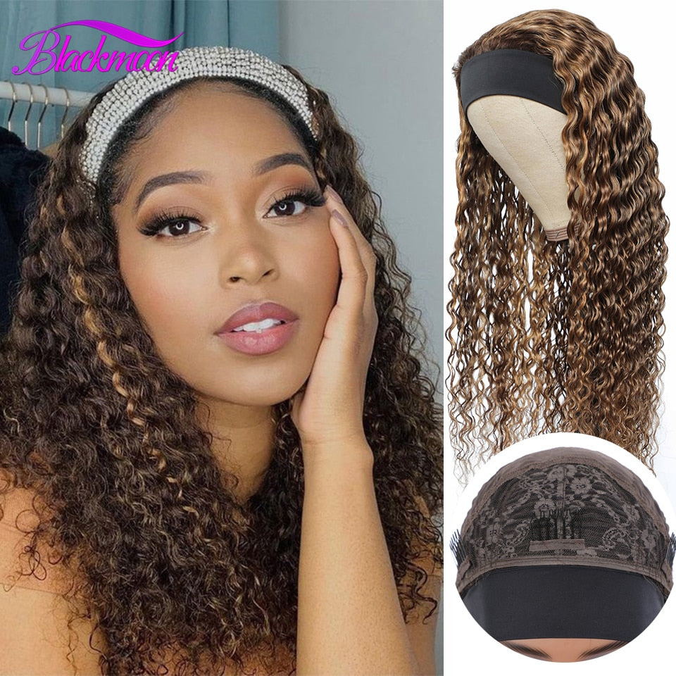 Brazilian Deep Wave Headband Human Hair Wig Highlight Glueless Wig for Women P4-27 Honey Blonde