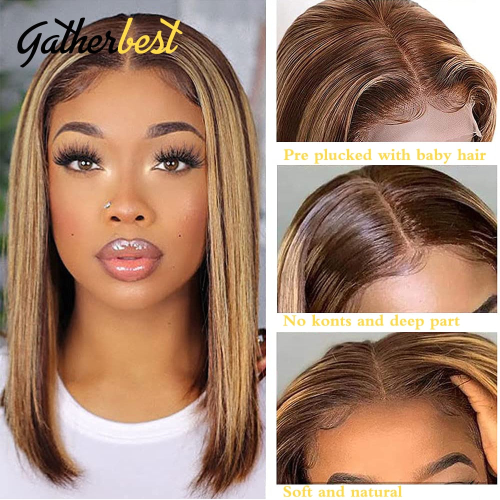 Highlight Bob Wig Human Hair 13X4 Straight Lace Front Wig For Women P4/27 Ombre Human Hair Bob Wigs