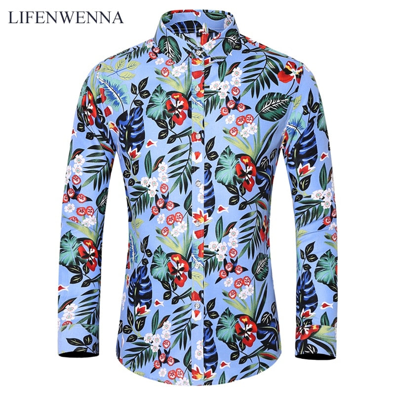 LIFENWENNA Flower Shirt Men Autumn Fashion Flower Printed