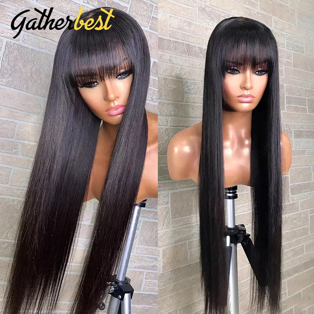 Straight Wig With Bangs 26 Inch Human Hair Wig for Black Women