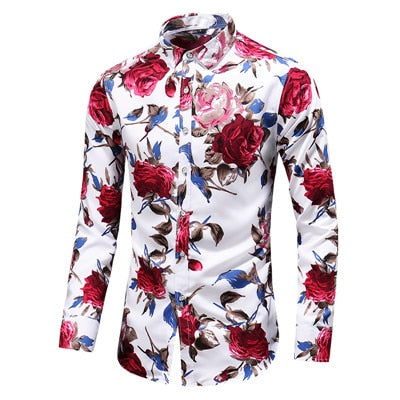 Autumn Men Slim Floral Print Long Sleeve Shirts Fashion Brand Party