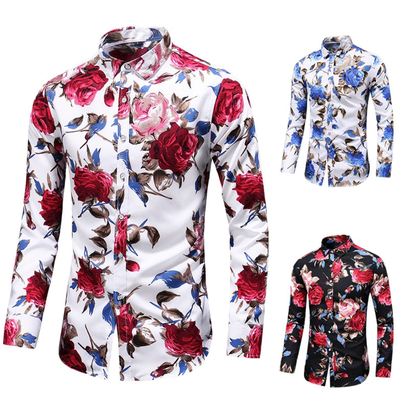 Autumn Men Slim Floral Print Long Sleeve Shirts Fashion Brand Party