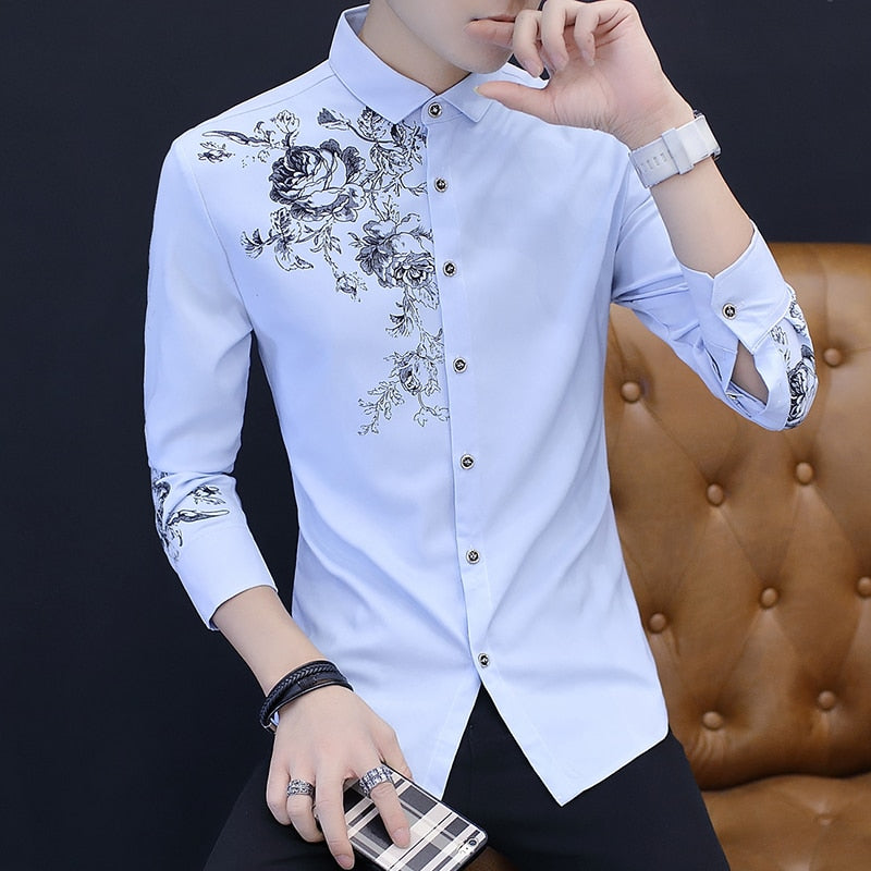 Spring and Autumn Men&#39;s Long Sleeve Shirt Fashion Casual Rose Pattern Print Shirt Men&#39;s