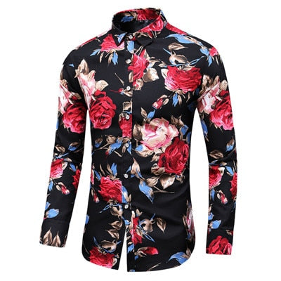 Autumn Men Slim Floral Print Long Sleeve Shirts Fashion Brand Party