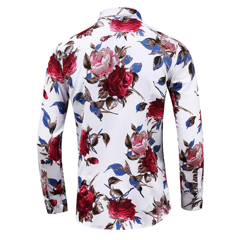 Autumn Men Slim Floral Print Long Sleeve Shirts Fashion Brand Party