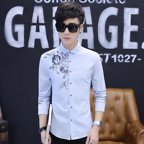 Spring and Autumn Men&#39;s Long Sleeve Shirt Fashion Casual Rose Pattern Print Shirt Men&#39;s