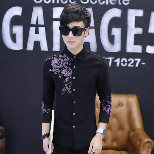 Spring and Autumn Men&#39;s Long Sleeve Shirt Fashion Casual Rose Pattern Print Shirt Men&#39;s