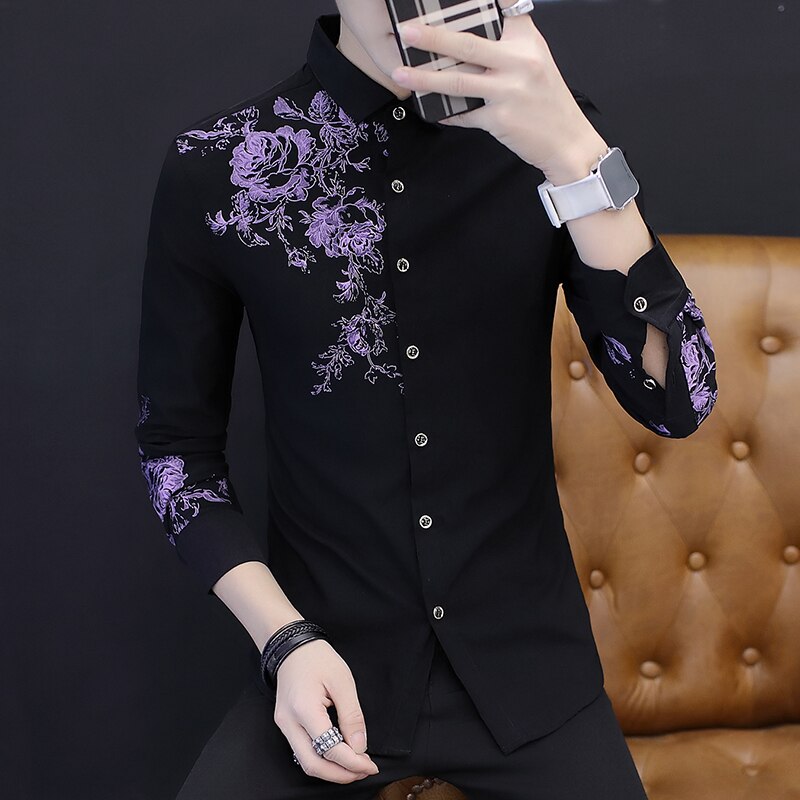 Spring and Autumn Men&#39;s Long Sleeve Shirt Fashion Casual Rose Pattern Print Shirt Men&#39;s