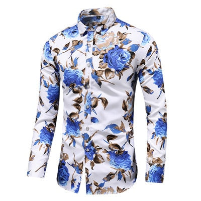 Autumn Men Slim Floral Print Long Sleeve Shirts Fashion Brand Party