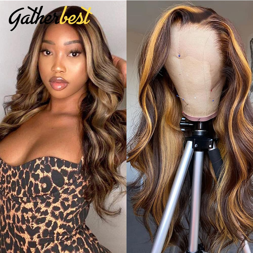 Highlight Wig Human Hair Honey Blonde Body Wave Lace Front Wig P4/27 Ombre Lace Front Wig 13x4 Transparent Lace Wig