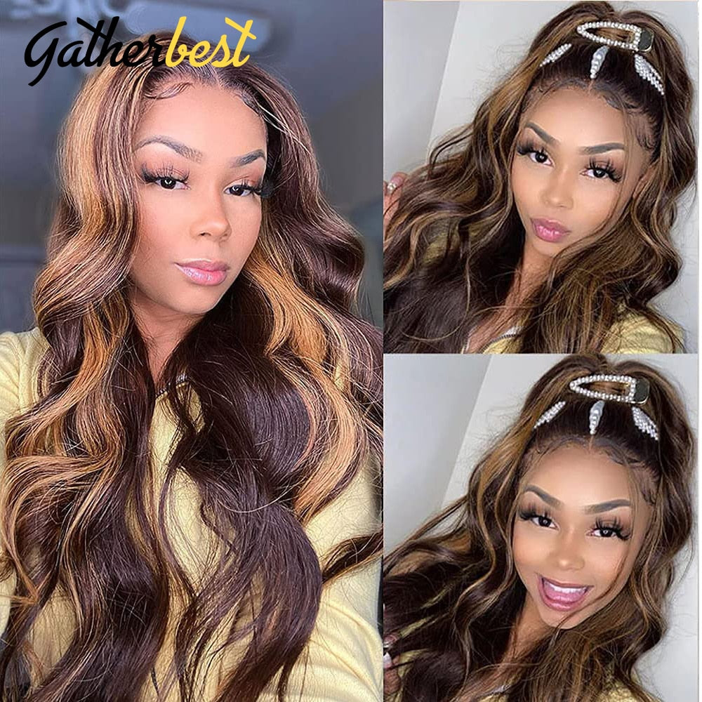 Highlight Wig Human Hair Honey Blonde Body Wave Lace Front Wig P4/27 Ombre Lace Front Wig 13x4 Transparent Lace Wig