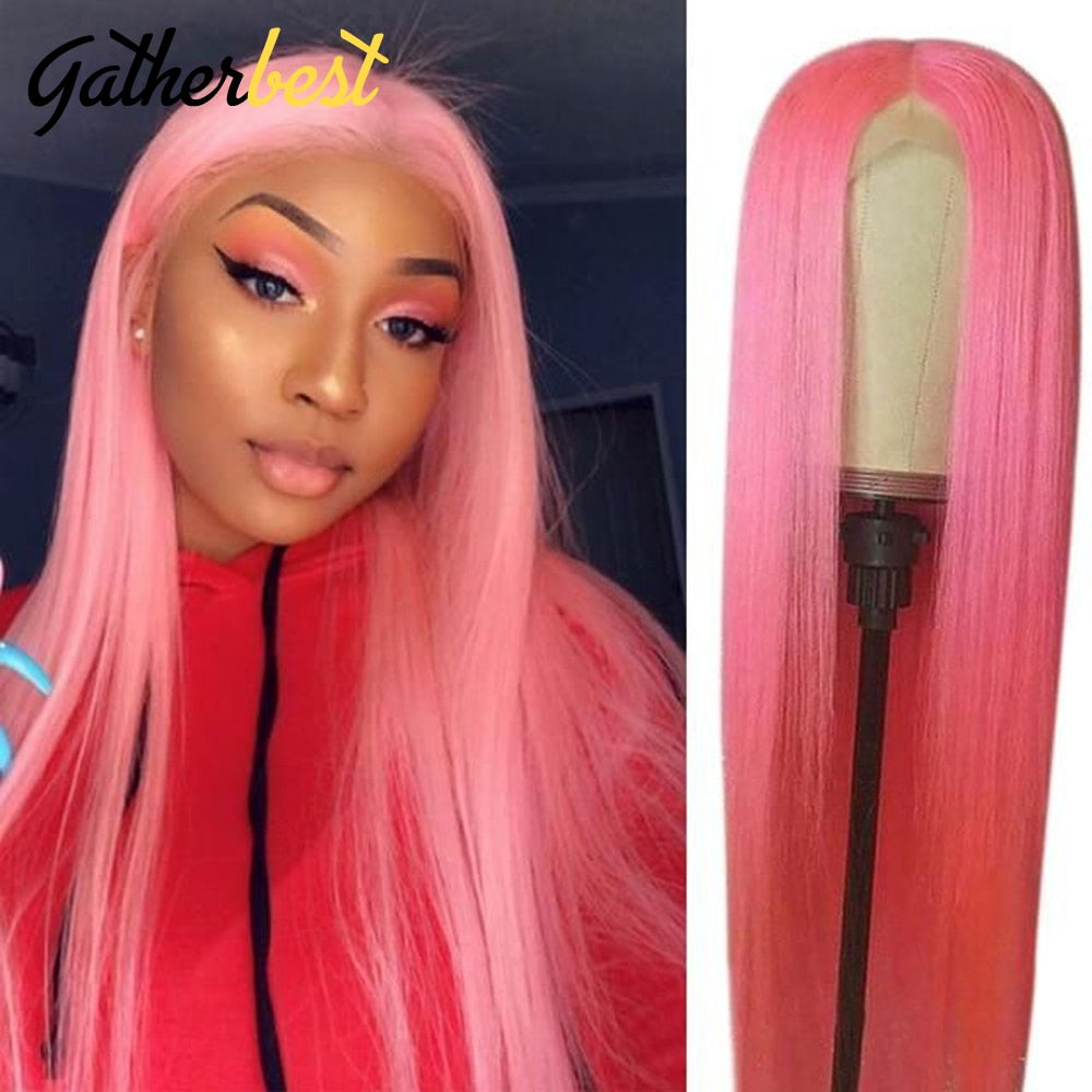 Pink Lace Front Wig Human Hair Straight Lace Front Wig 13x4 Transparent