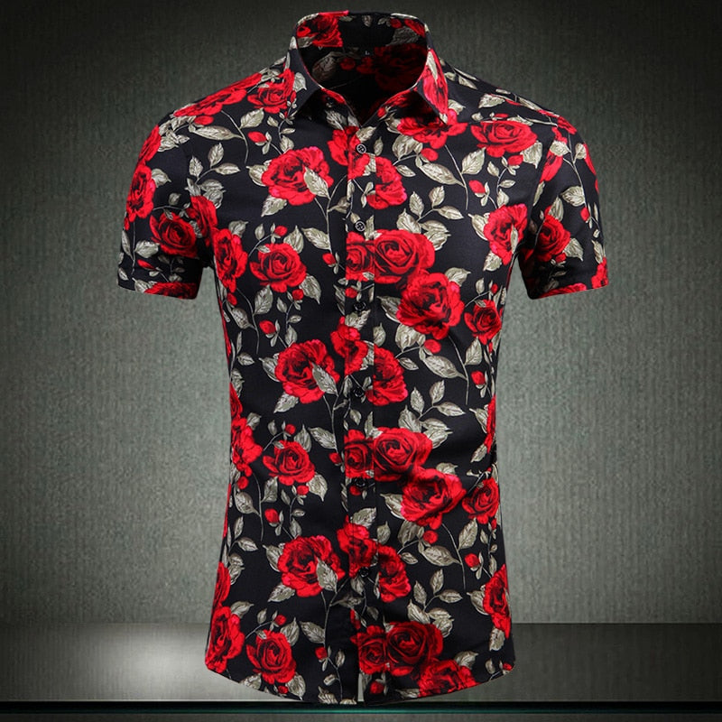 Fashion Korea Flower Hawaii Beach Short Sleeve Black White Casual Shirts Men's