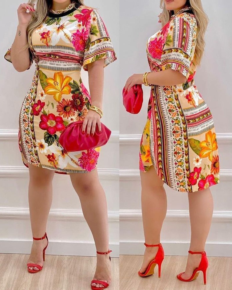 Fashion Women Floral Print Half Sleeve Casual Dress Summer Holiday