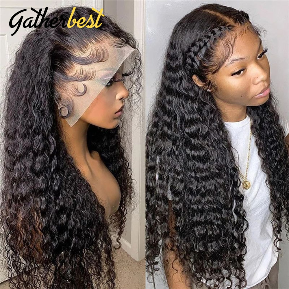 Deep Wave Frontal Wig 13x4 Transparent Lace Frontal Wig Human Hair 180 Density Curly Human Hair