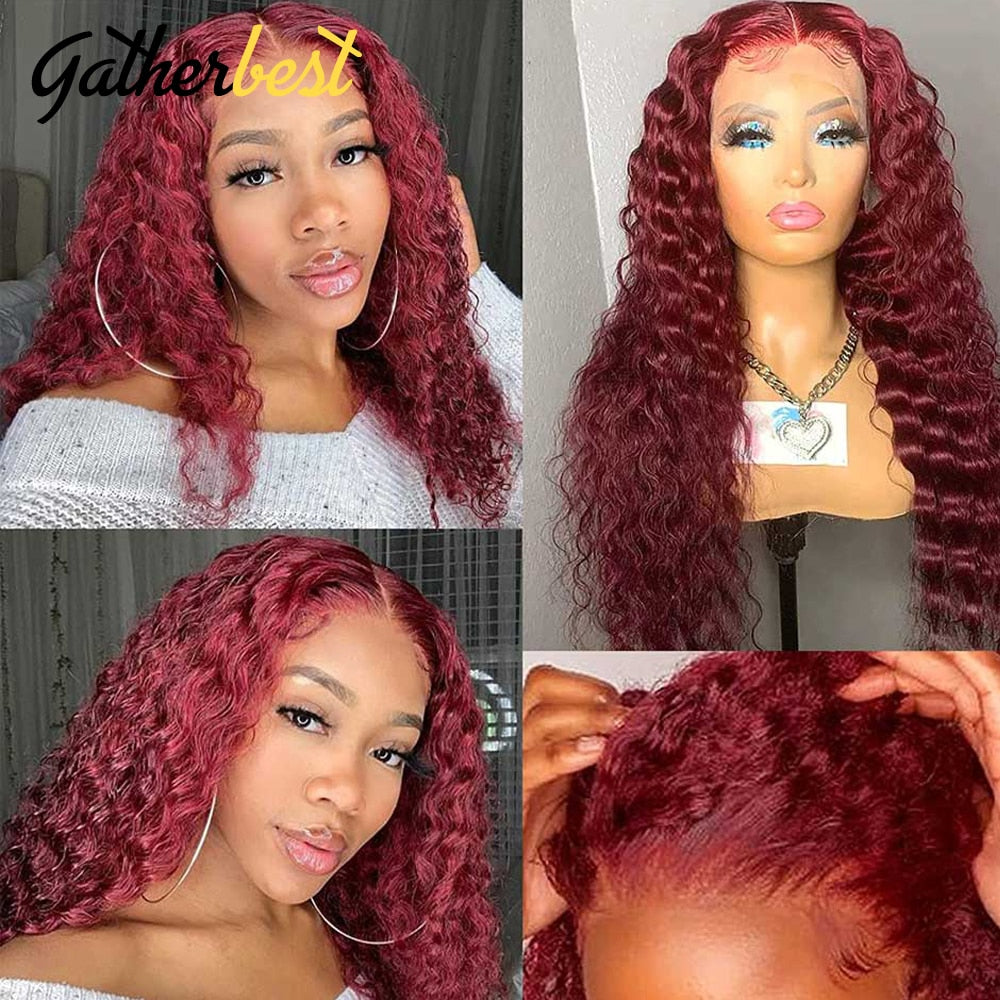 Burgundy Deep Wave Lace Frontal Wig 180% Density 13X4 Lace Front Wig Colored Red Curly Human Hair