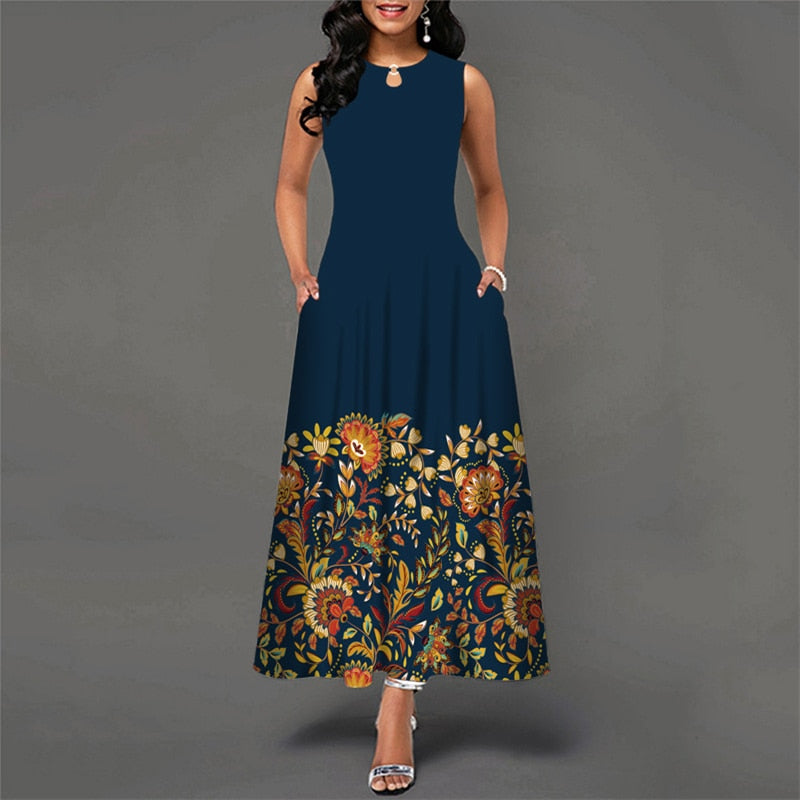 Bohemian Floral Printing Hollow Out Elegant Dresses For Women Large Swing Sexy