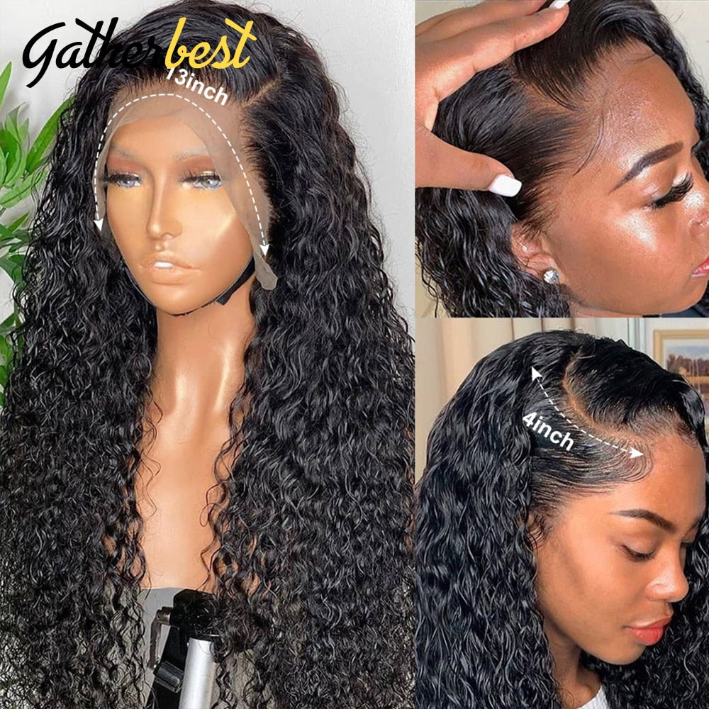 Deep Wave Frontal Wig 13x4 Transparent Lace Frontal Wig Human Hair 180 Density Curly Human Hair