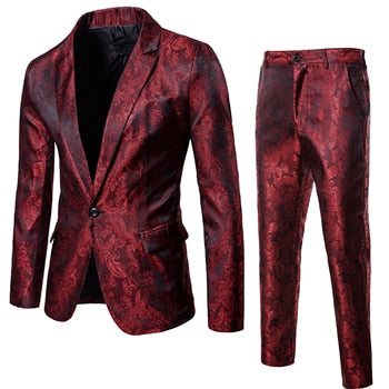 (Jackets + Pants) Men Business Casual Slim Suit Sets Fashion printed Tuxedo Weddingt