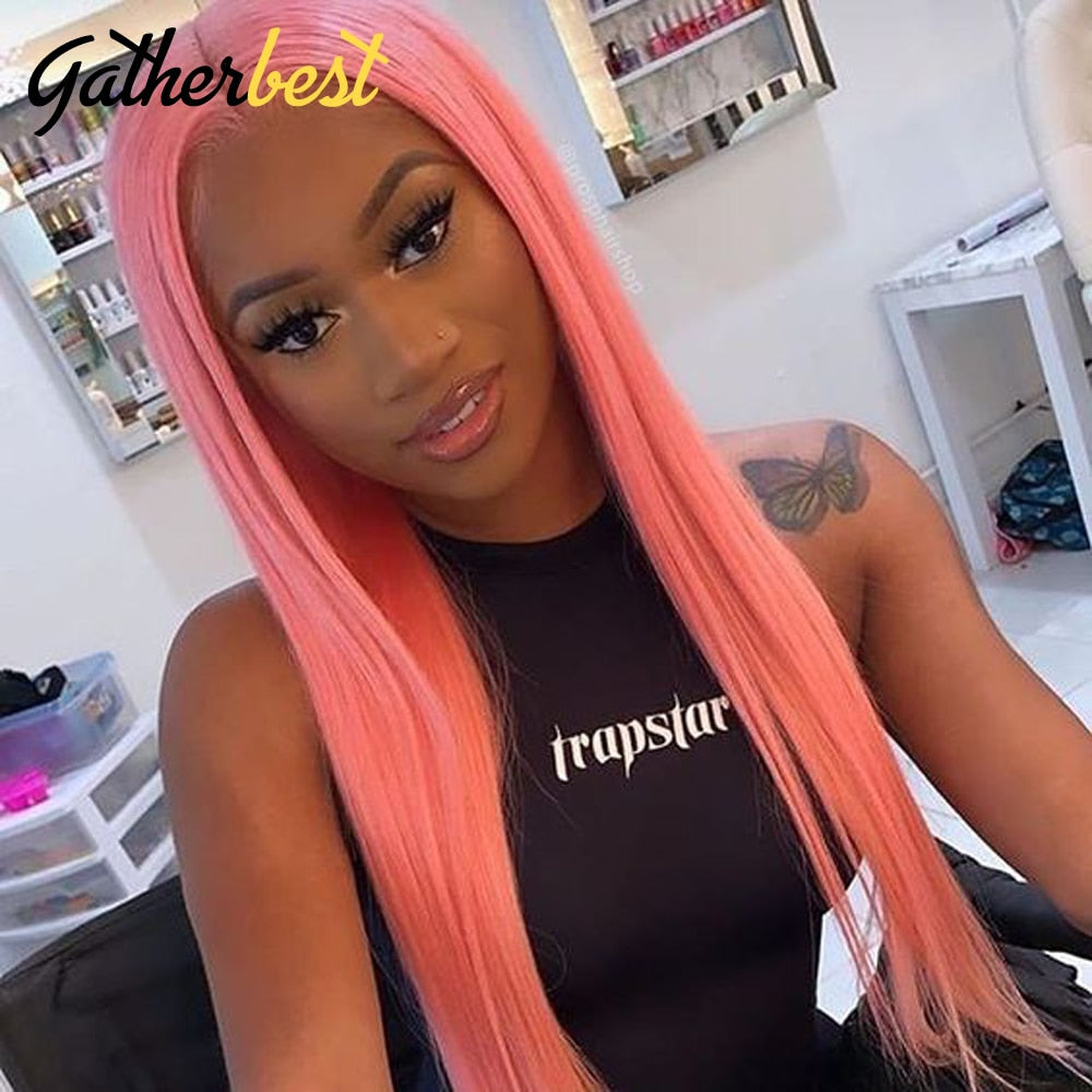 Pink Lace Front Wig Human Hair Straight Lace Front Wig 13x4 Transparent