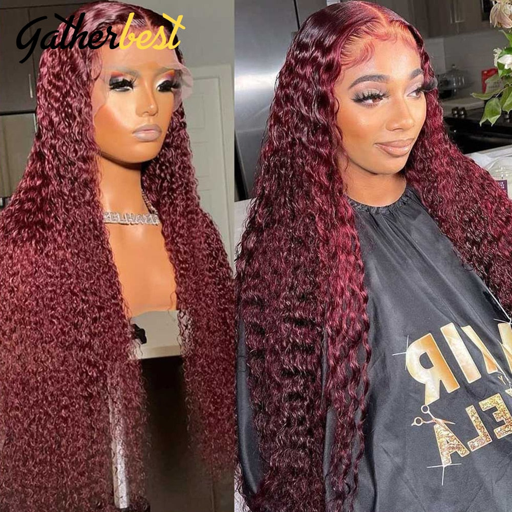 Burgundy Deep Wave Lace Frontal Wig 180% Density 13X4 Lace Front Wig Colored Red Curly Human Hair