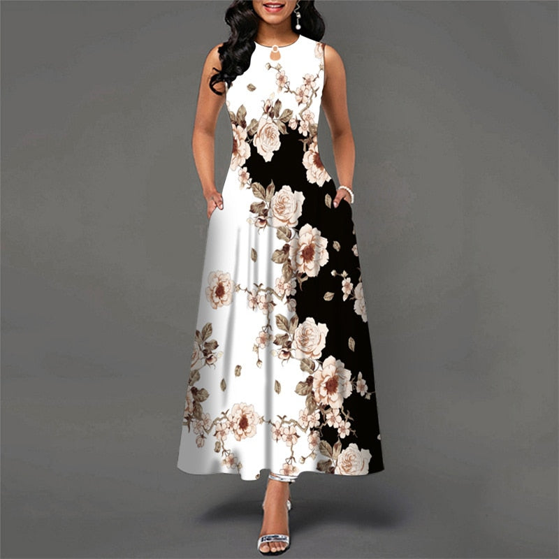 Bohemian Floral Printing Hollow Out Elegant Dresses For Women Large Swing Sexy