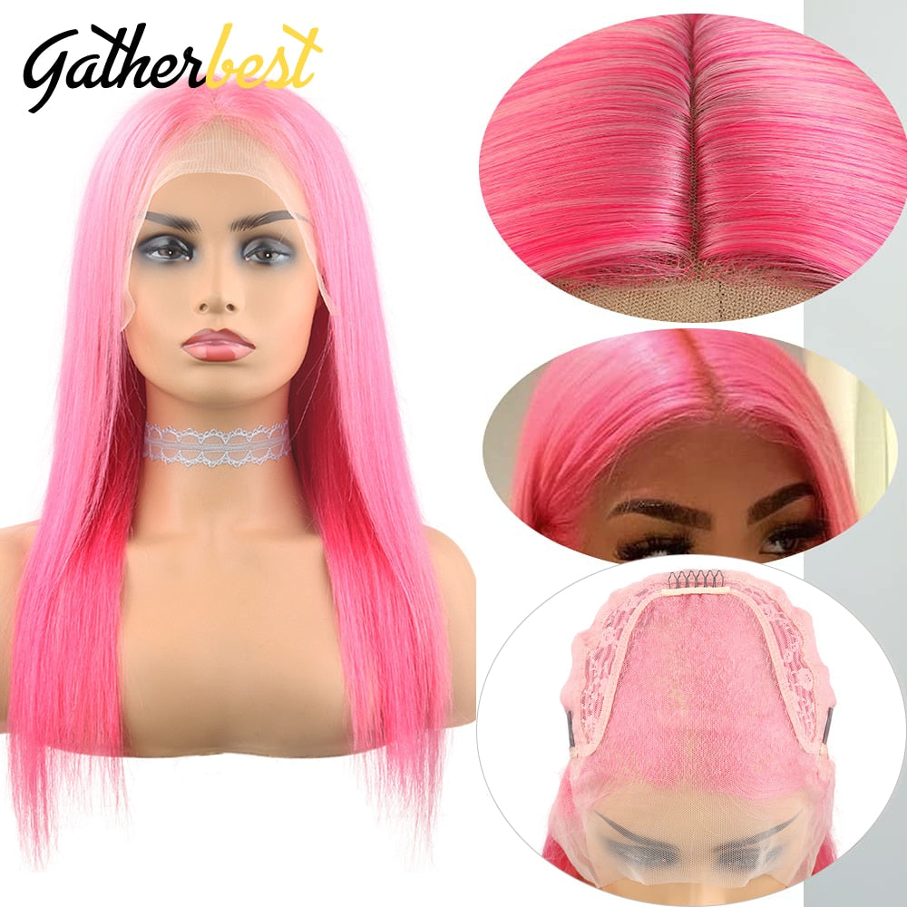 Pink Lace Front Wig Human Hair Straight Lace Front Wig 13x4 Transparent