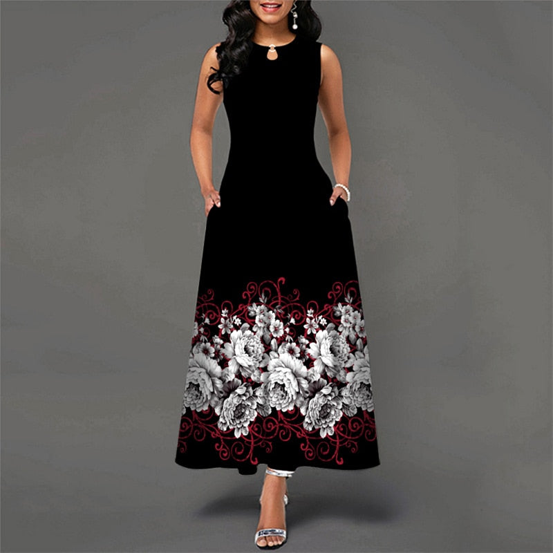 Bohemian Floral Printing Hollow Out Elegant Dresses For Women Large Swing Sexy