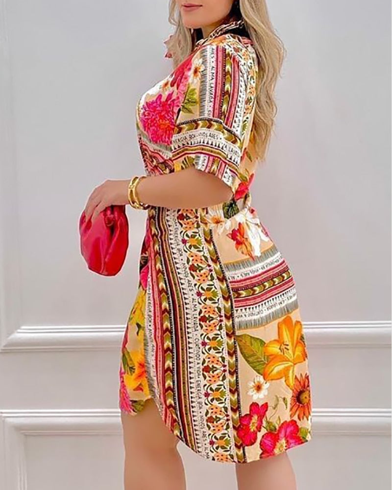 Fashion Women Floral Print Half Sleeve Casual Dress Summer Holiday