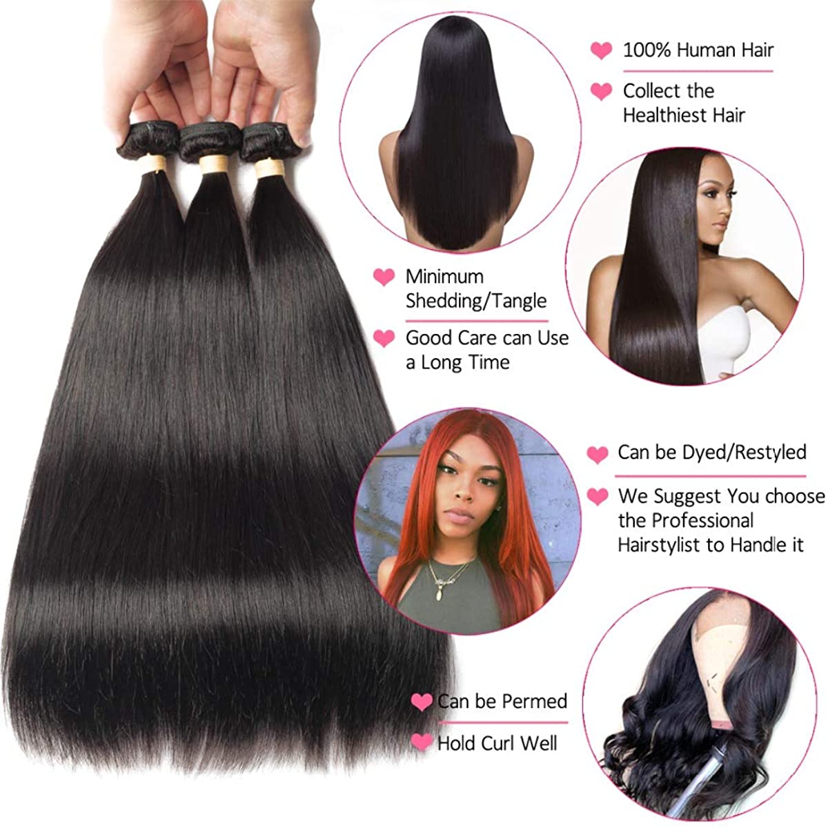 Brazilian Straight Hair Bundles 3/4 Pieces Straight Human Hair Bundles 10A 8-32 Inch Remy Human Hair