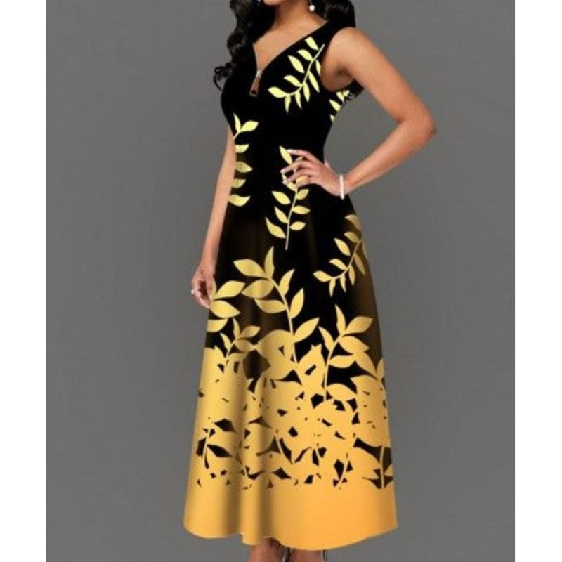 Summer New Bohemian Print Sleeveless Long Dress Zipper V-neck High Waist Slim