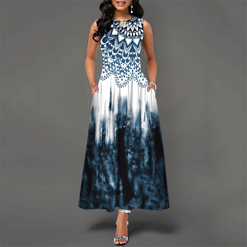 Bohemian Floral Printing Hollow Out Elegant Dresses For Women Large Swing Sexy