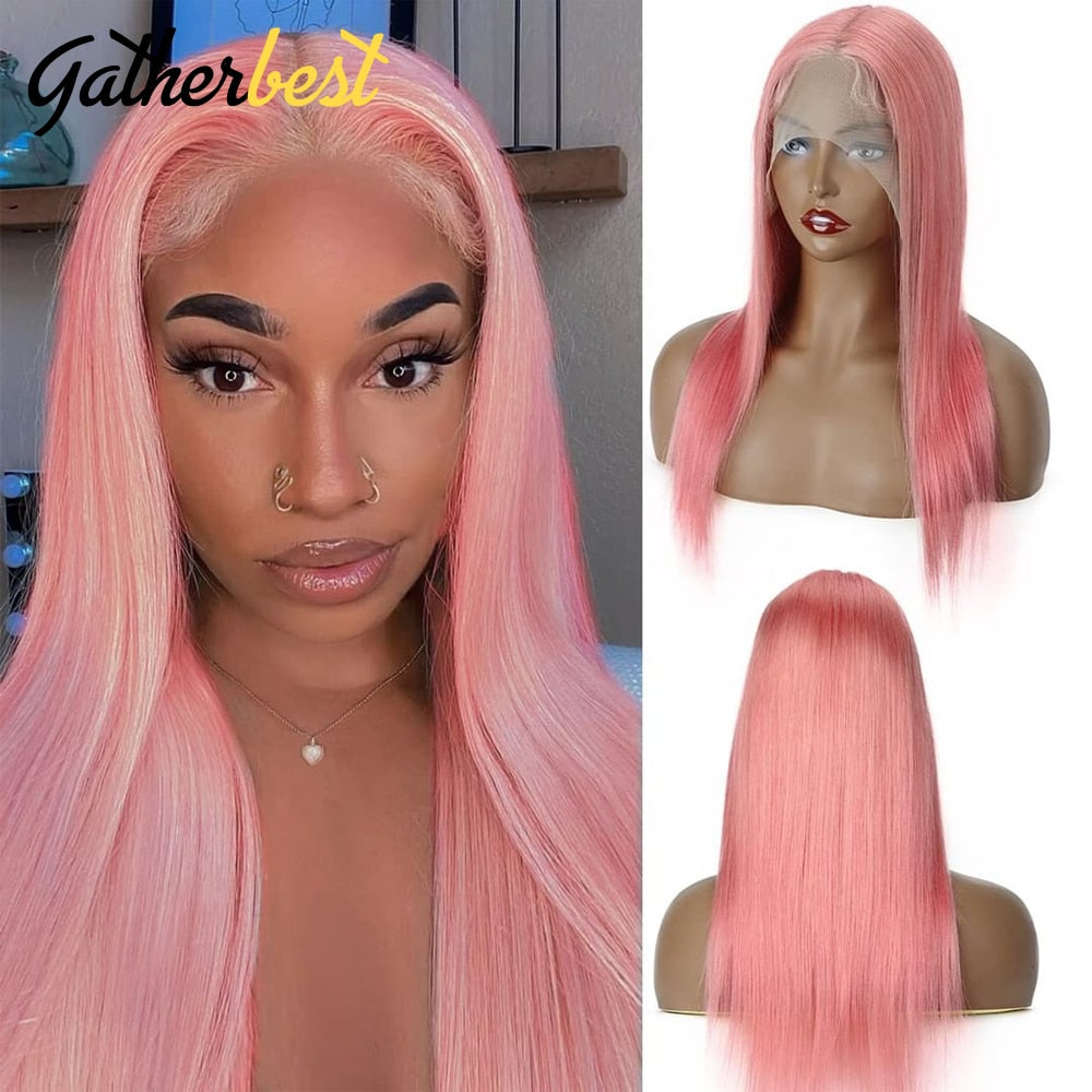 Pink Lace Front Wig Human Hair Straight Lace Front Wig 13x4 Transparent