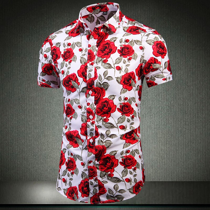 Fashion Korea Flower Hawaii Beach Short Sleeve Black White Casual Shirts Men's