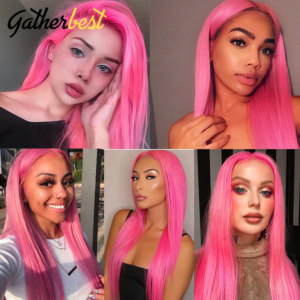 Pink Lace Front Wig Human Hair Straight Lace Front Wig 13x4 Transparent