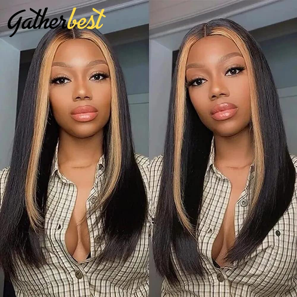 Straight Lace Front Wig Blonde Highlight 4x4 Lace Closure Wigs For Women Stripe Wig Human Hair