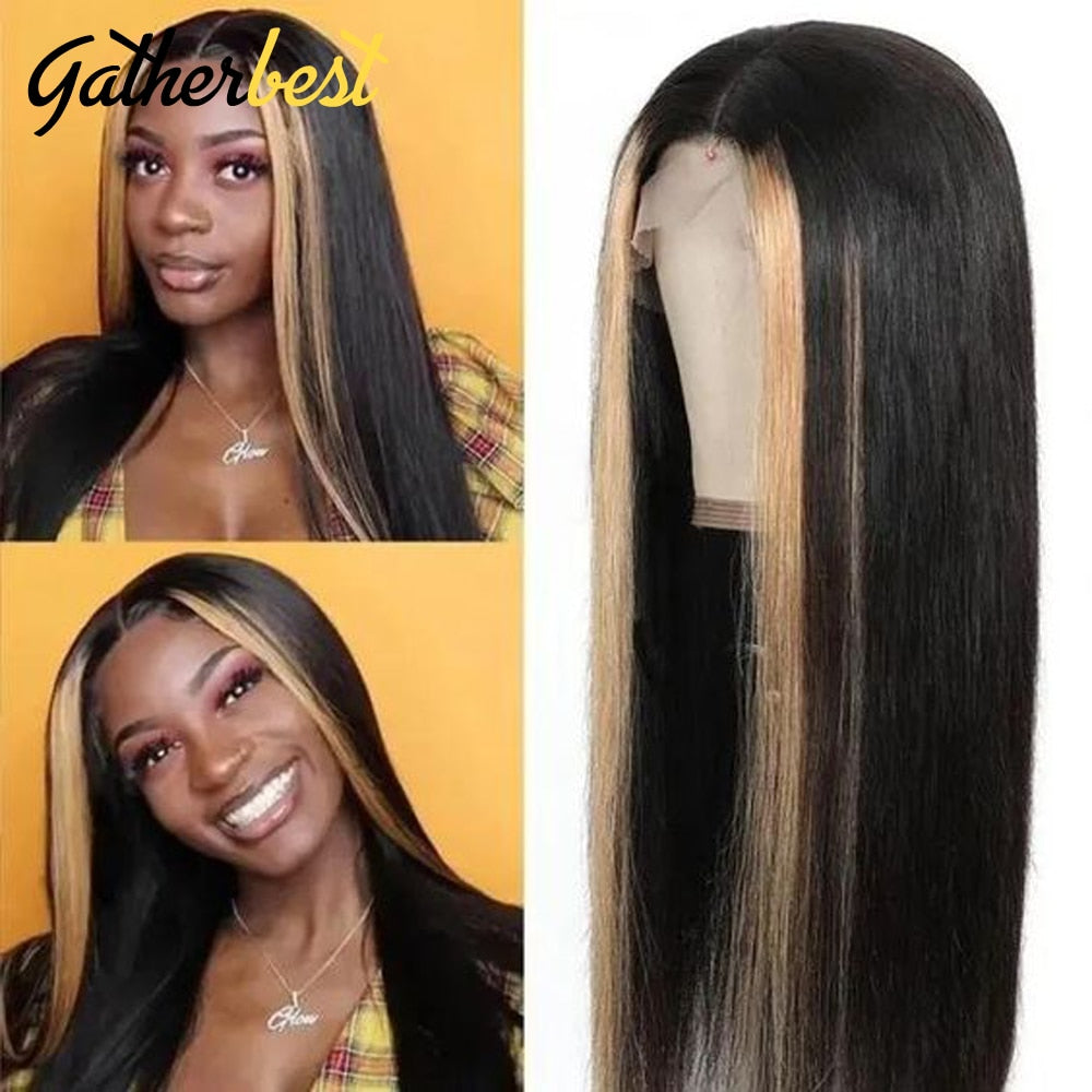 Straight Lace Front Wig Blonde Highlight 4x4 Lace Closure Wigs For Women Stripe Wig Human Hair