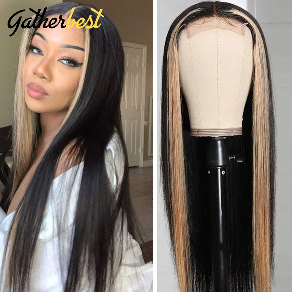 Straight Lace Front Wig Blonde Highlight 4x4 Lace Closure Wigs For Women Stripe Wig Human Hair