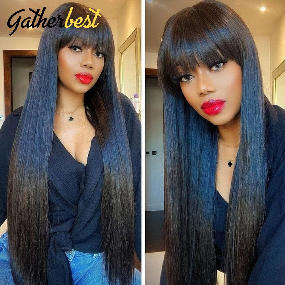 Straight Wig With Bangs 26 Inch Human Hair Wig for Black Women